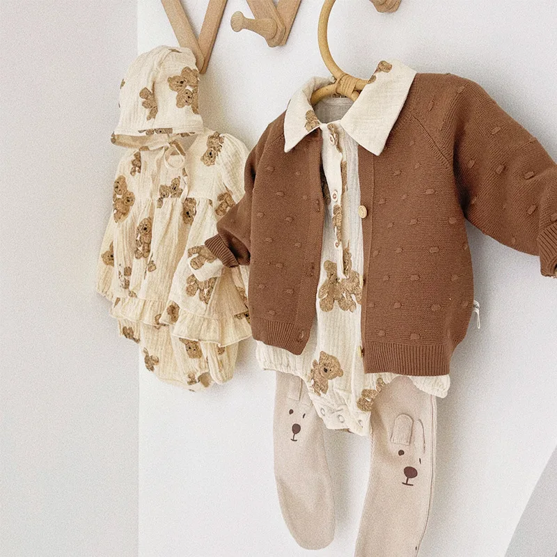 Spring Korean Baby Boy Girls Romper Newborn Organic Cotton Cartoon Bear Print Puff Sleeve Shorts Suit Baby Cute Bear Clothes Set