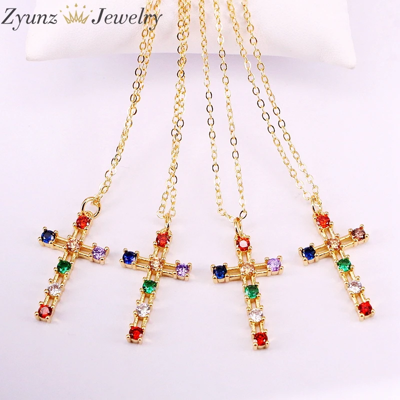 Necklaces 10 шт., мульти крест-подвеска с фианитами ожерелье s Мода красочные CZ микро проложили Радуга циркония женское ювелирное ожерелье - Окраска металла: Necklaces