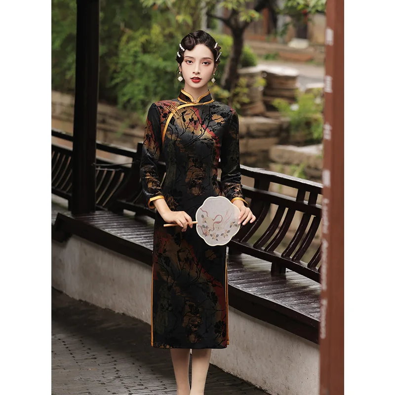 

H.RONG.X 2021AW New Print Cheongsam Dress Old Shanghai Orient Women Elegant Chipao Bodycon Sexy Long Gown Fall Traditional Qipao