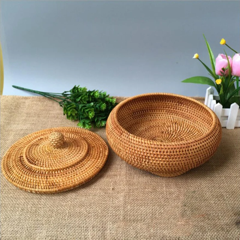New Storage Basket Hand-Woven Rattan Woven with Cover Round Primary Color Chinese Jewelry Snacks Tea Set Box | Дом и сад