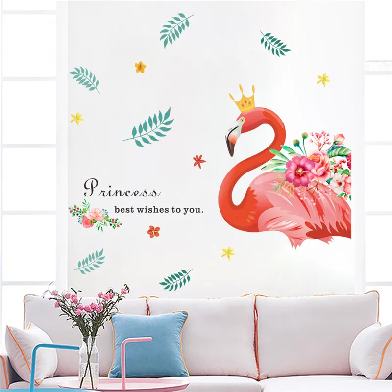 

Princess Flamingo Bird With Flower Wall Stickers For Office Shop Bedroom Home Decorations Diy Animal Mural Art Pvc Wall Decal