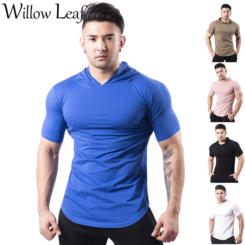 

Willow Leaf Men T-Shirt Short-Sleeved Hooded Slim Fit Summer Sports Street Soild Color Running Workout Training Fitness Top