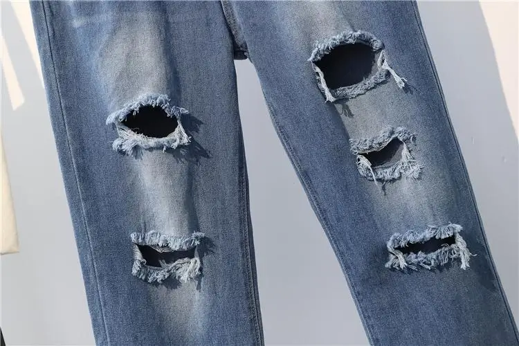 

COCOEPPS Autumn Plus Size Ripped Hole Harem Jean Women High Waist Casual Loose Denim Pant Trousers Large Size Blue Nine Jean 4XL