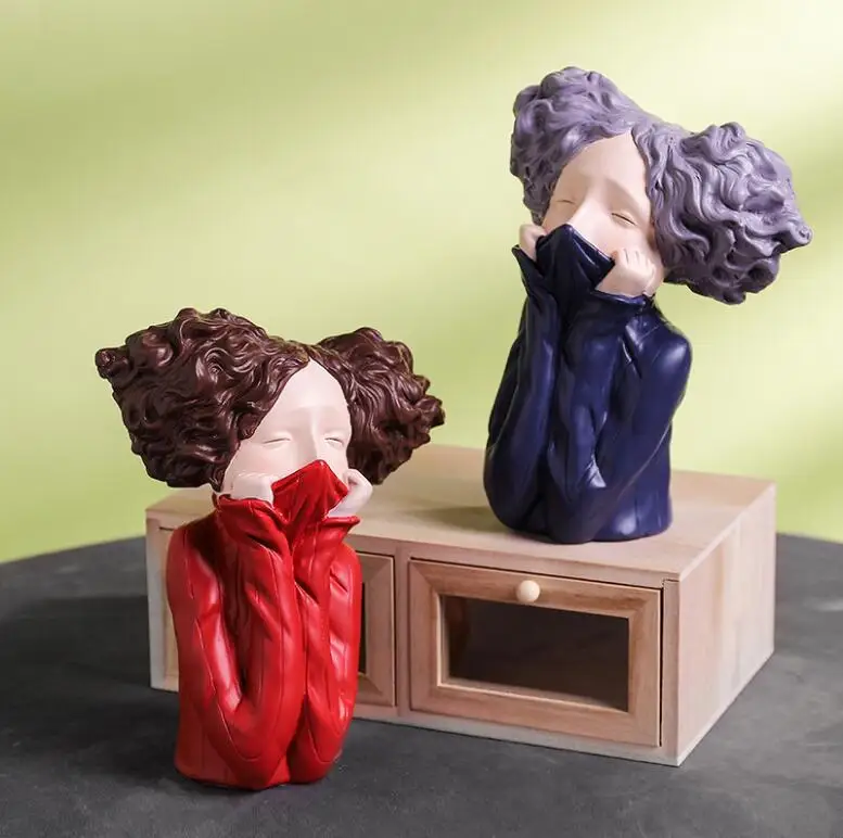 

Nordic Cute Resin Mouth Covering Girl Sculpture Home Livingroom Desktop Accessories Crafts Bookcase Table Figurines Decoration