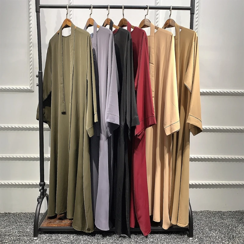 

Women Turkey Arab Muslim Eid Abaya Dubai Maxi Dress Flare Long Sleeve Solid Color Islamic Kaftan Hijab Tie Waist Pleated Robe Cl