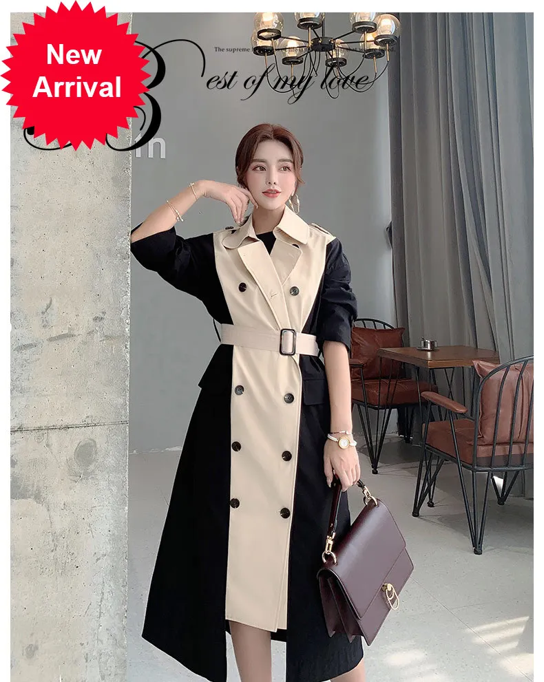 

Color matching windbreaker Women's Mid-length 2020 Spring and Autumn popular new Korean style fashion loose suit collar