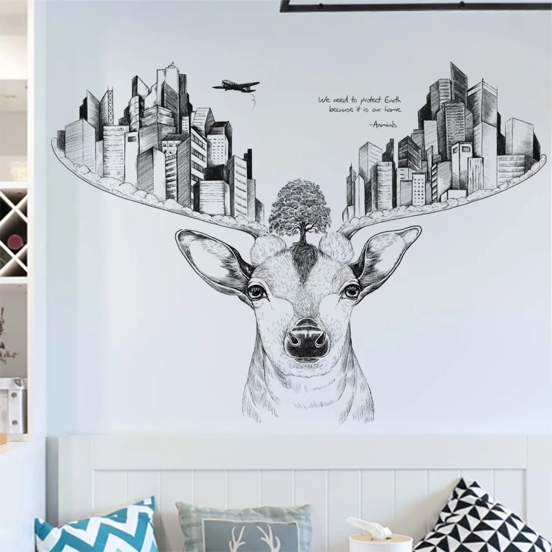 

Deer Head Wall Stickers for Living Room Bedroom Animals Sofa Background Home Decor Creative Hand-painted Sketch Wall Decals