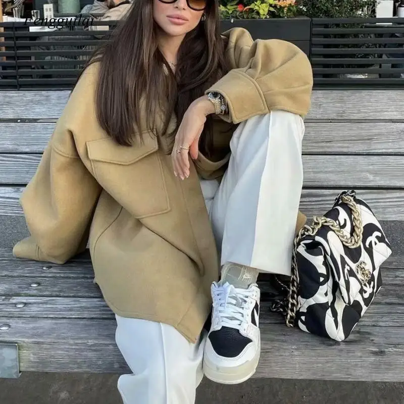 

2021 Fall Women's Loose Camel Jacket Fashion Casual Chic Jacket Women's Solid Color Long Sleeve Short Jacket
