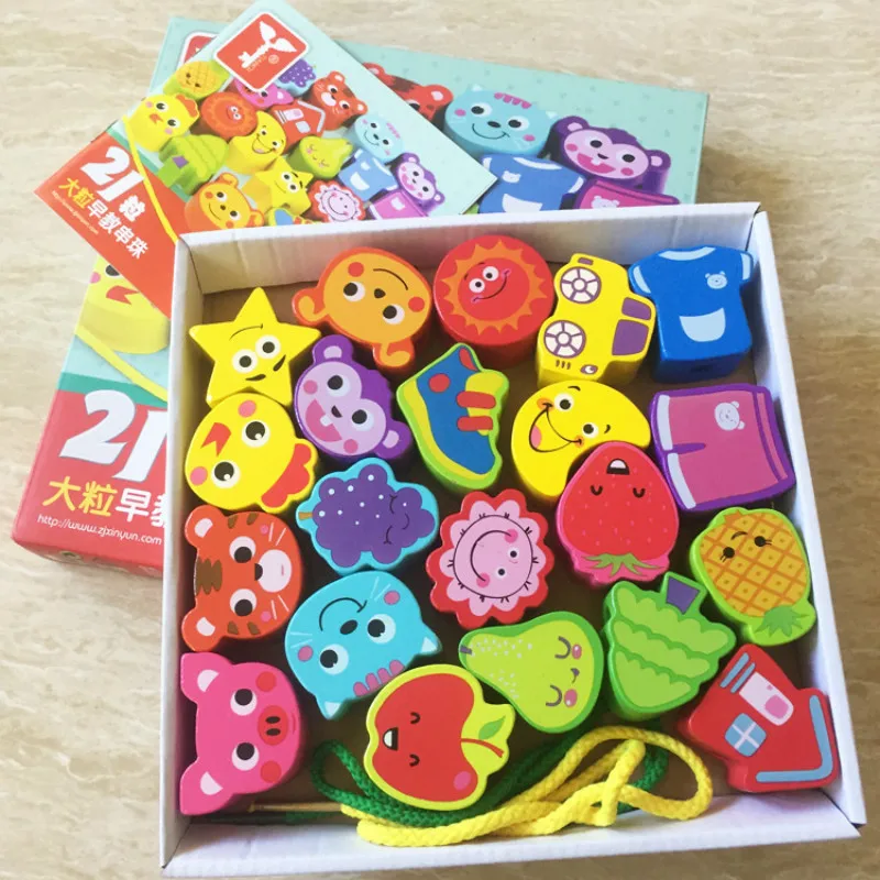 

Children's Toy Wooden Bead Toy Puzzle Animal Fruit Threading Cognitive Jenga Toys for Children