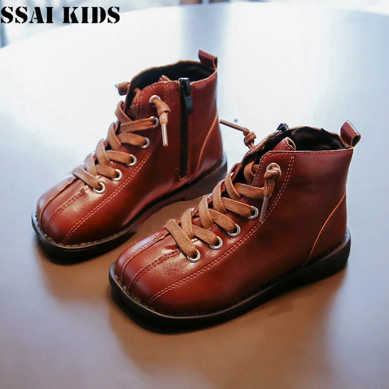 

SSAI KIDS Girls Martin boots 2020 winter cotton children's leather boots baby short boots non-slip children's shoes
