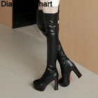 Модные брендовые Сапоги выше колена на платформе, большие размеры 32-44 пикантная женская обувь на очень высоком каблуке женские вечерние высокие сапоги женские сапоги