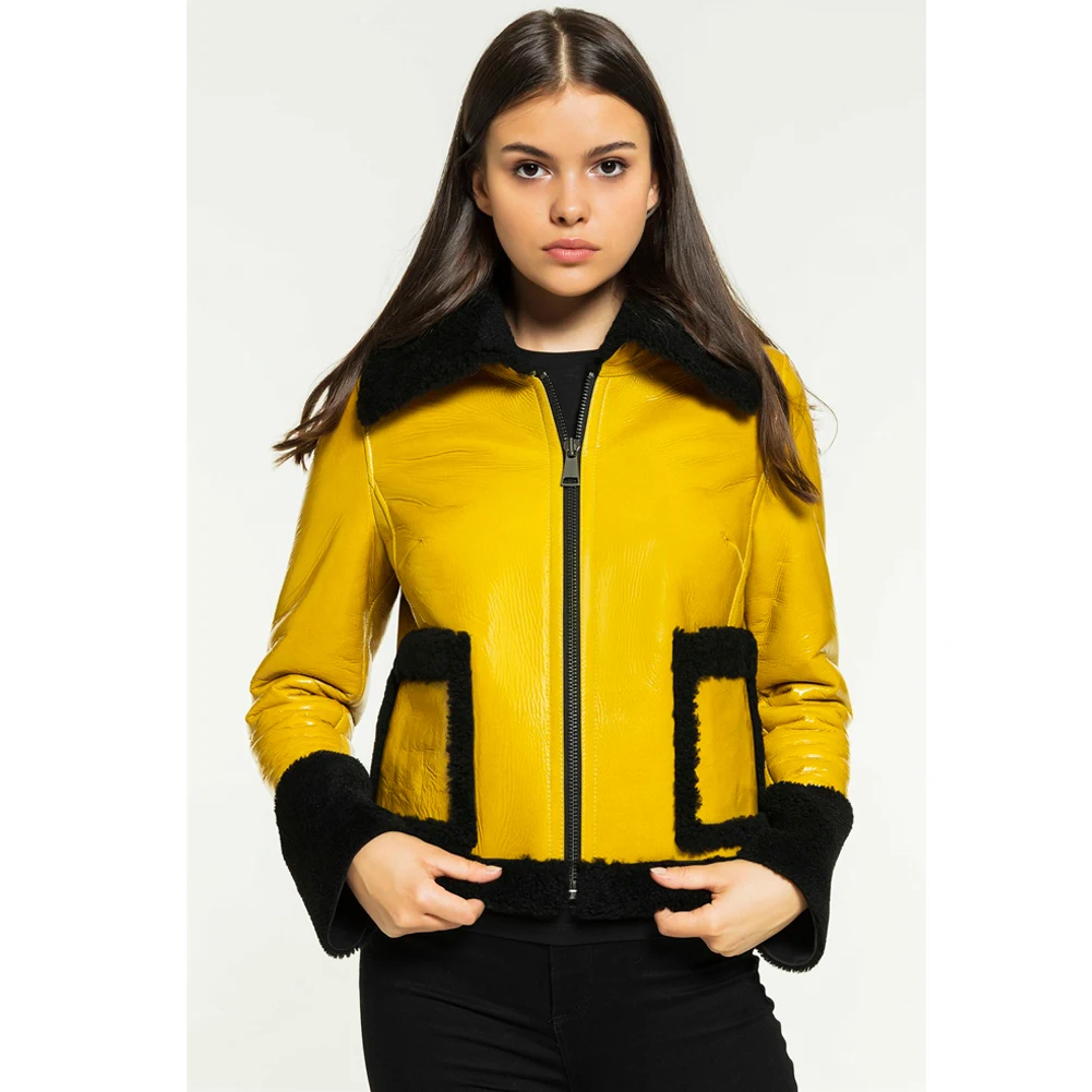 2019 New Womens Casual Shearling Coat Turkey Yellow Leather Jacket Short Fur Jacket Womens Winter Coats