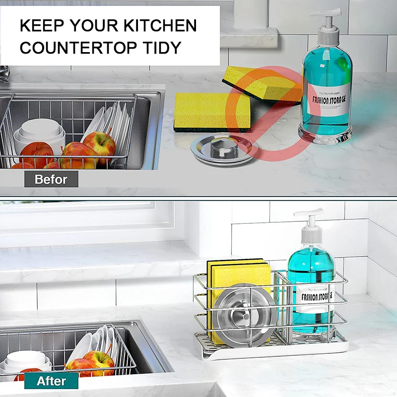 

Sponge Holder For Sink Stainless Steel Kitchen Organizer Soap Dispenser Kitchen Accessories For Countertop Home Supply Cozinha