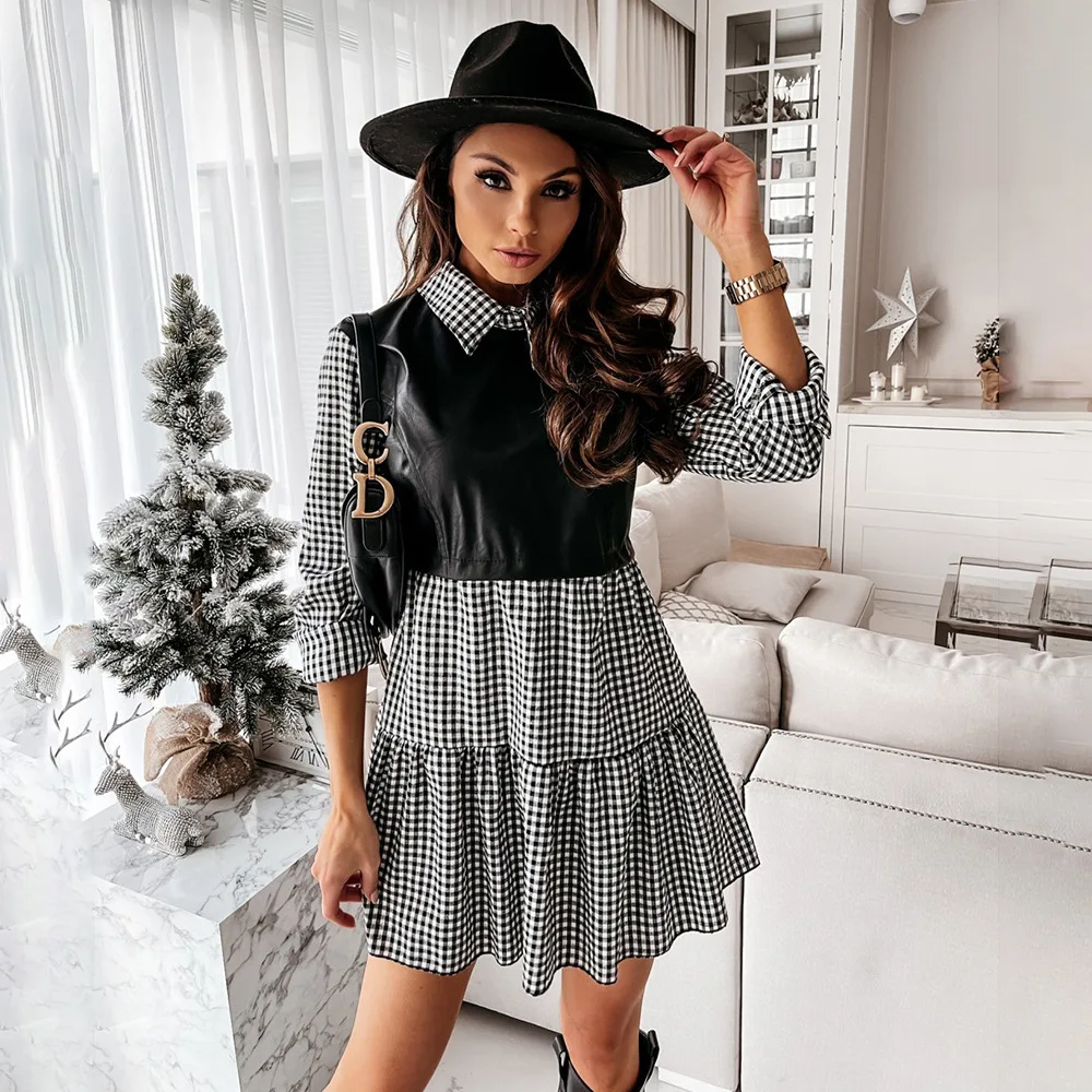 

2021 Autumn Casual Long Sleeve Mini Shirt Dresses For Women White PU Leather Patchwork Plaid Woman Dress Clothing Femme Robe