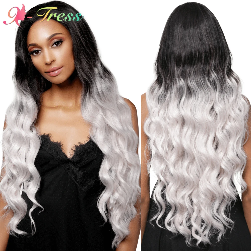 

X-TRESS Ombre Gray Synthetic Lace Front Wigs for Black Women 32 Inches Long Body Wavy Free Part Lace Wig Heat Resistant Fiber