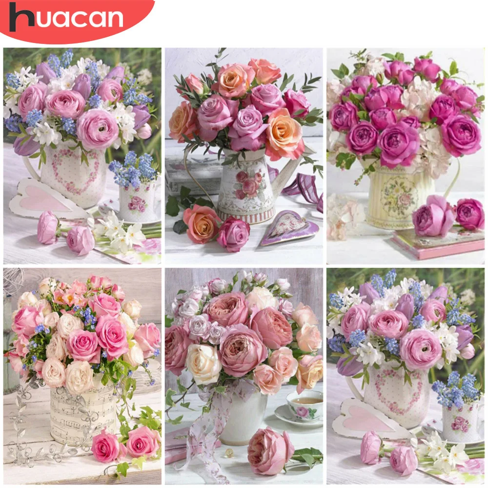 

HUACAN полноразмерная/круглая алмазная живопись цветы розы Вышивка крестиком Стразы картина настенное искусство