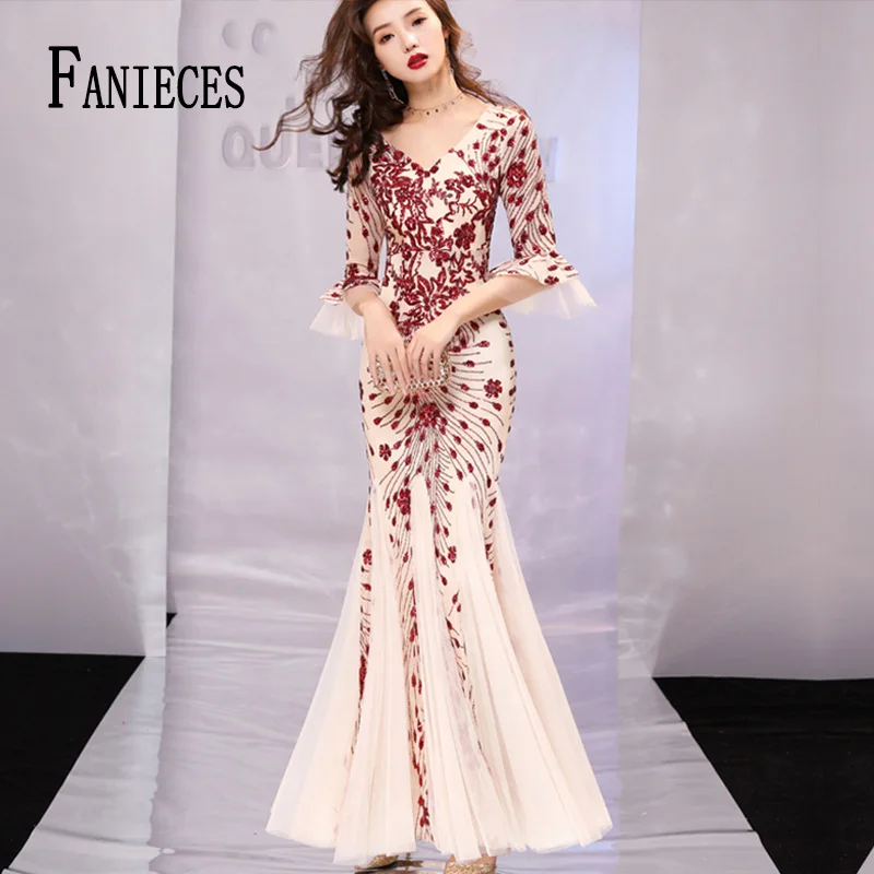 

High quality Spring Mermaid V Neck Maxi Apricot Black Long Dress 2022 Bodycon Sequin Women Party Sexy Dresses Vestido de fiesta