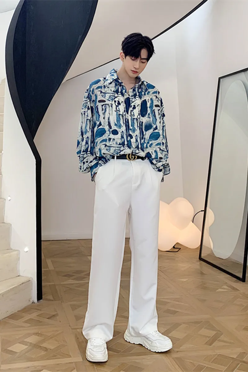 

2020 Spring And Autumn New Youth Popular Full-print Long-sleeved Shirt Fashion Casual Wild Loose Single-breasted Shirt Blue