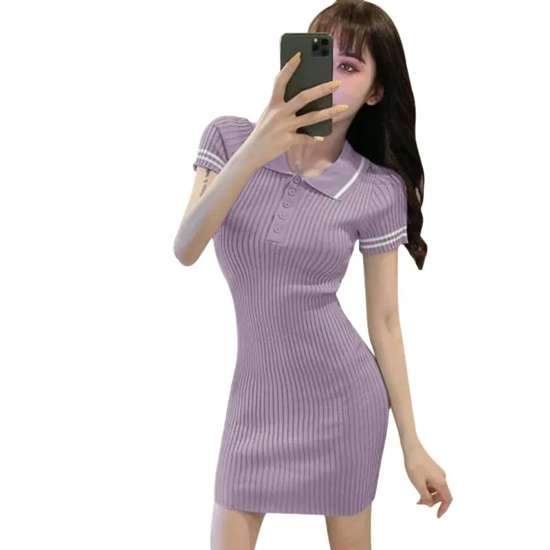 

Temperament Lapel Knit Top High Waist Bag Hip Waist Waist Dress Sexy Slim Short Sleeve Tight Dresses Bodycon Party Mini Vestido