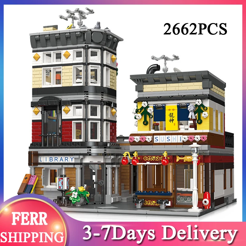 

JIESTAR 2662pcs Moc Ideas Expert Street View Series 89127 Sushi Corner Modular House Model Building Blocks Bricks Toys For Kids