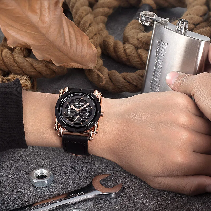 

OULM Casual Sports Watch Men Leather Strap Calendar Quartz Analog Clock Leather Strap Fashion Army Watches Waterproof reloj