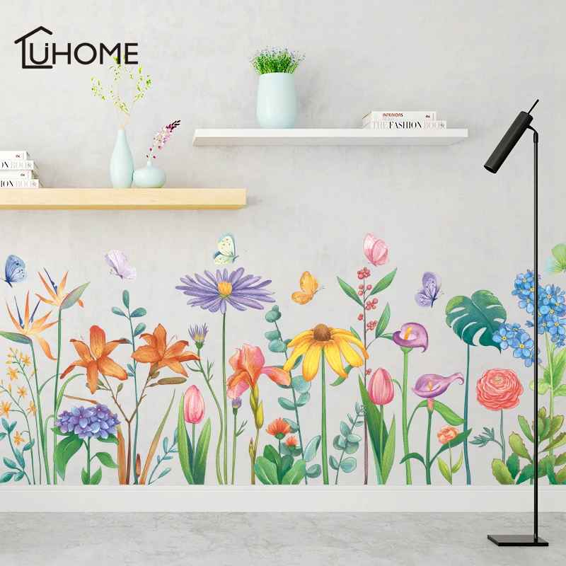 

Tropical Leaves Colorful Flower Art Wall Sticker for Living Room Decoration Wallpaper Kitchen Bedroom Baseboard Home Decor Mural
