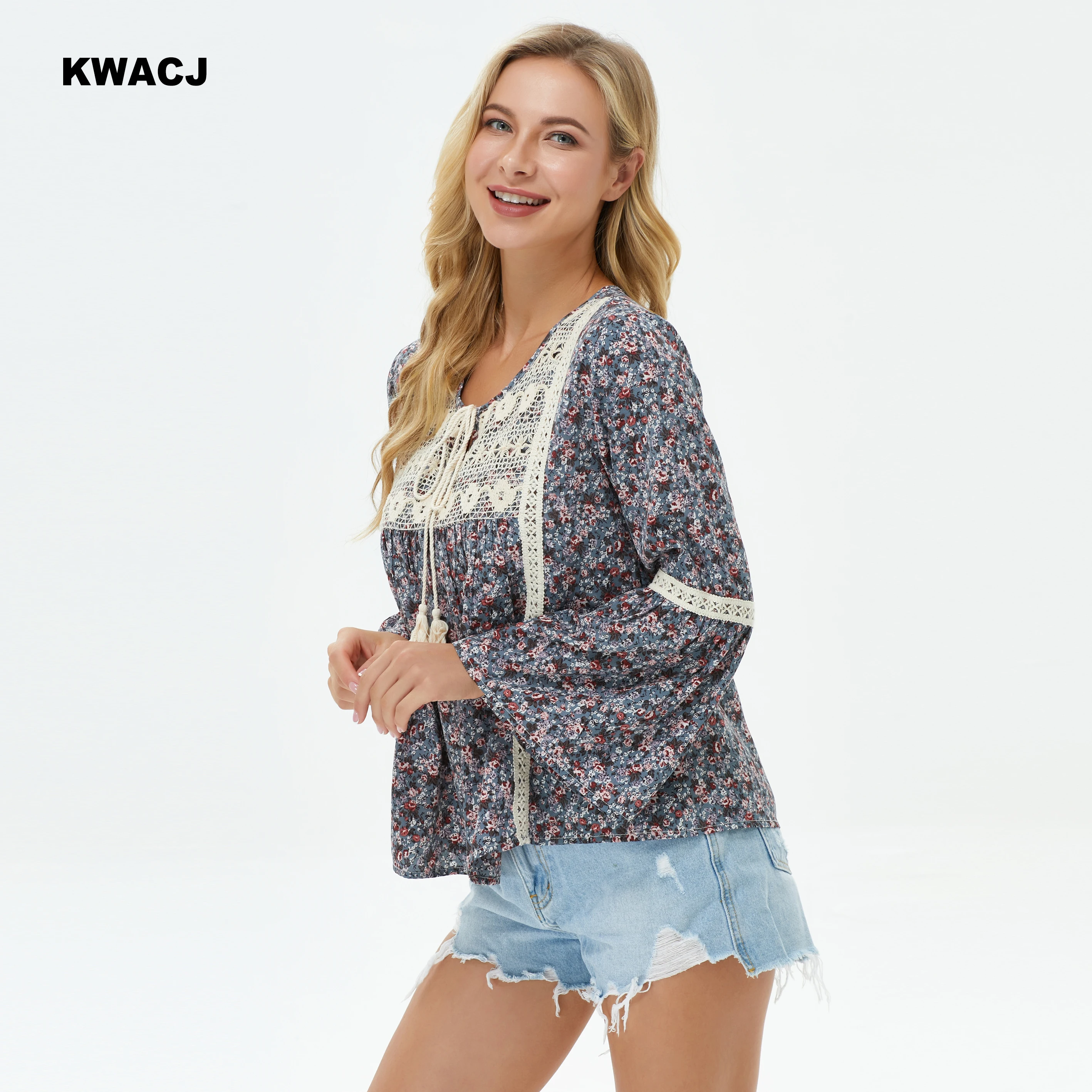 KWACJ Floral Print Women Blouse Flare Long Sleeve Lace Decoration Tassel Bow Ladies Vintage Tops Casual Boho Clothing | Женская одежда
