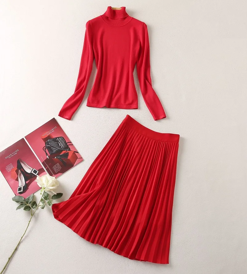 High Quality Sweater Sets 2021 Autumn Winter Skirt Suits Women Turtleneck Red Pullovers+Red Pleated Skirt Sets Female Suits