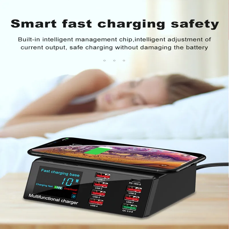 

100W QC3.0 Fast Charger Multi-function 8 USB Fast Wireless Charger With Wireless Charger
