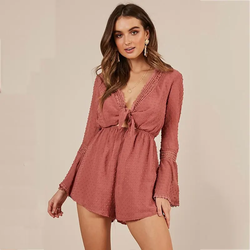 

Розовые шифоновые прозрачные сексуальные комбинезоны KNOYEER, богемные жаккардовые кружевные комбинезоны с глубоким V-образным вырезом и раск...