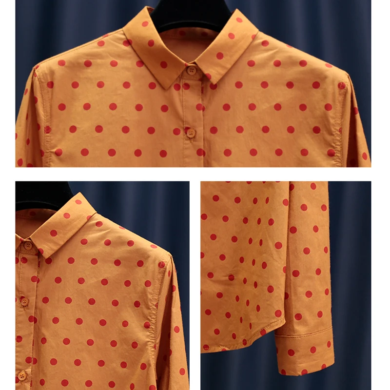 

2021 Spring Classic Polka Dot Shirt Women Cotton Long Sleeve Elegant Blouse Fashion All Match Tops
