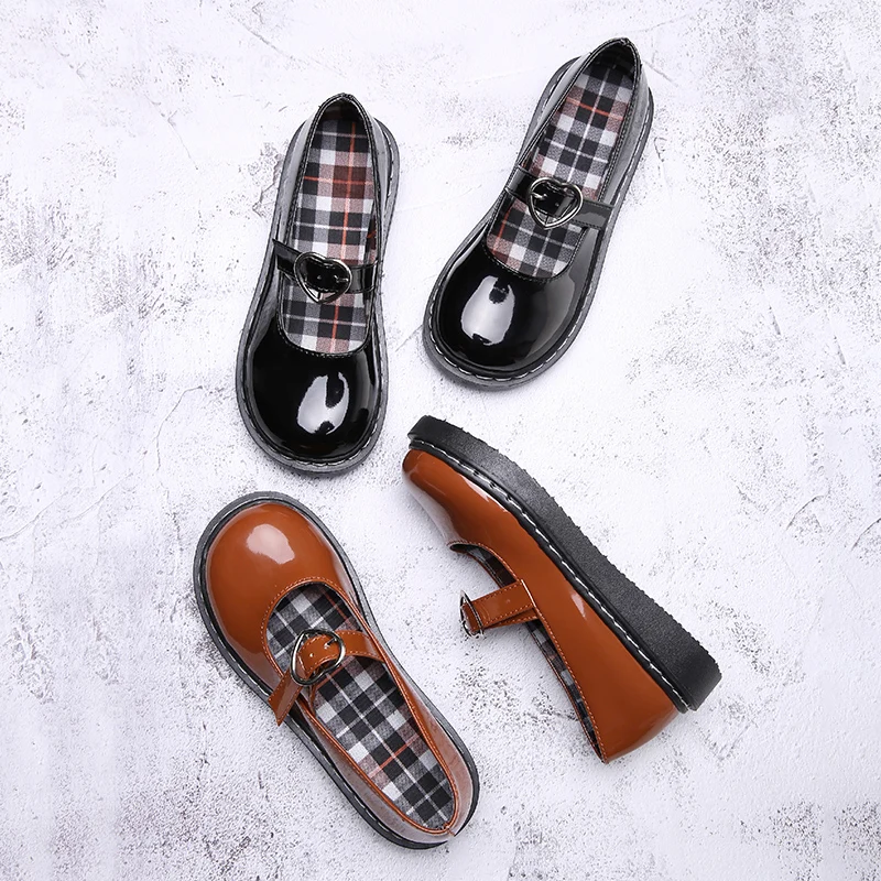 

Women's British Heart buckle Leather Shoes Round Head Lace-up Shoes Fashion Wild Flat Shoes Retro Style Platform Shoes U19-34