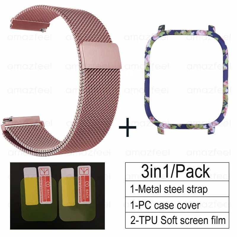 rose pink-Flower A 3 в 1 Аксессуары для Amazfit GTS ремешок с чехол металлический Миланский Браслет для Huami Amazfit GTS Band Защитная пленка для экрана - Цвет: rose pink-Flower A