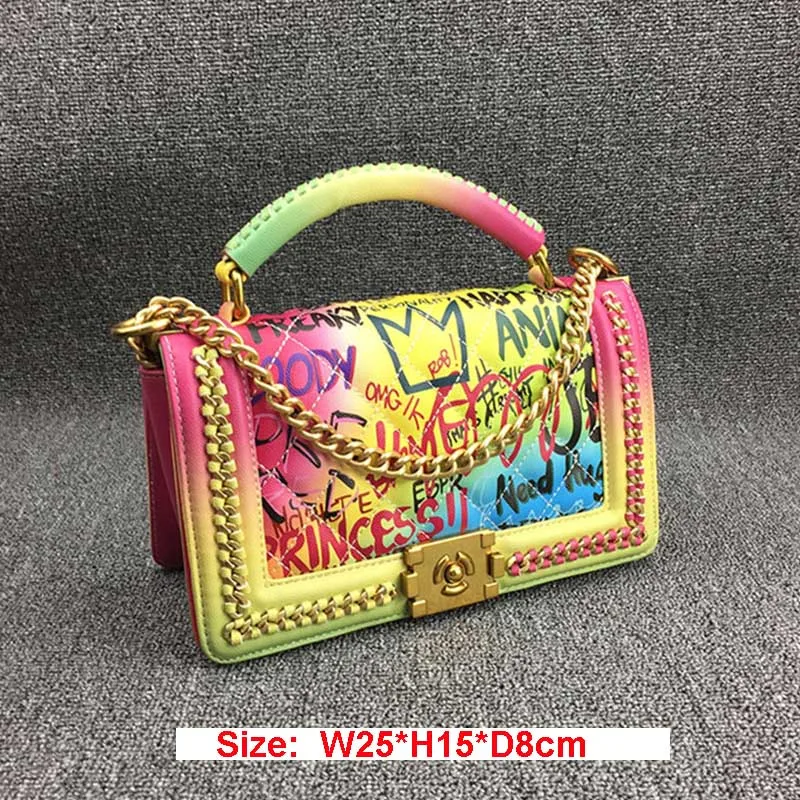 W25xH15xD8cm 26 см, средний размер, красочная Радужная сумка с граффити для женщин,, роскошные сумки, женские сумки, дизайнерские женские сумки через плечо - Цвет: W25xH15xD8cm