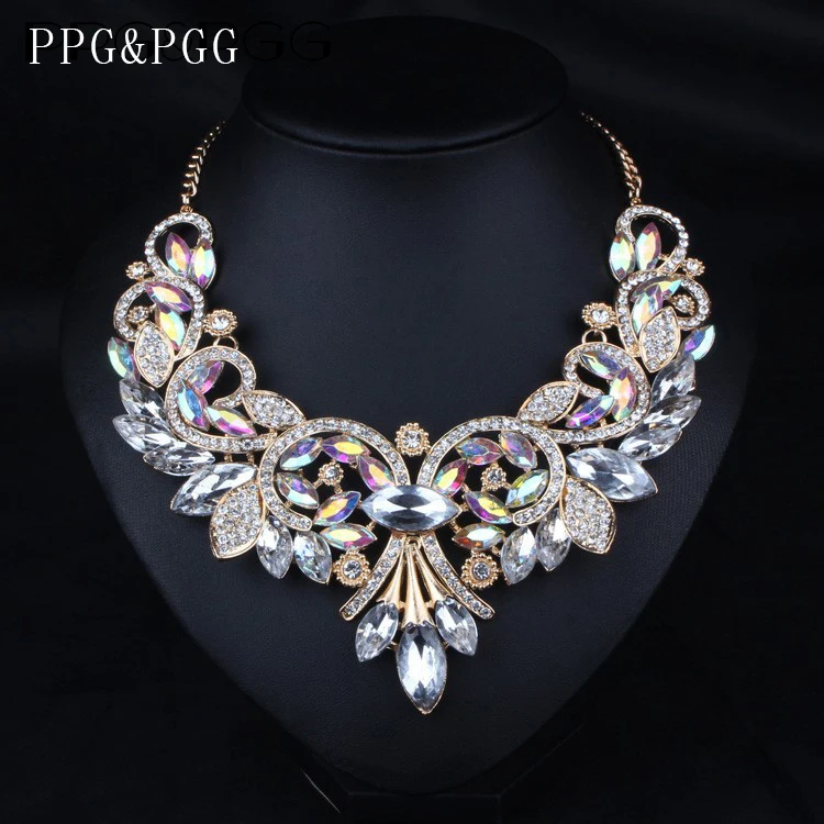 2017 Люксовый Бренд AB Блеск Хрустальный Цветок Цепь Choker Заявление Ожерелья