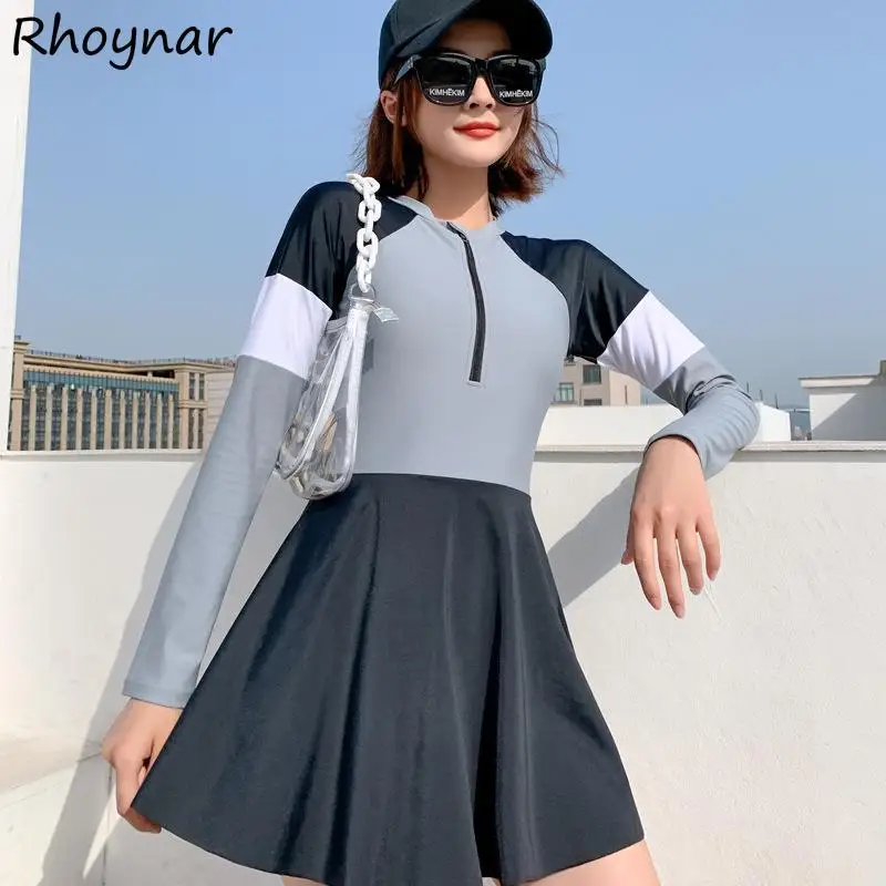 

Cover-up Women Swimwear Long Sleeve One Piece Conservative Patchwork High Waist College Casual Trendy Beachwear Punk Bodycon Ins