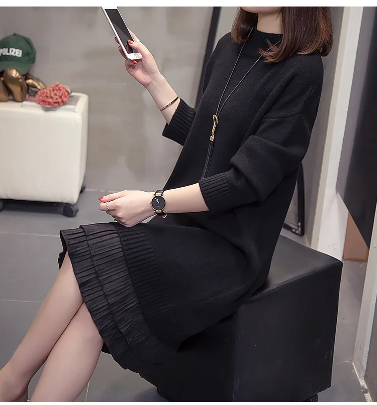 XL-4XL размера плюс, женское вязаное платье с высоким воротом, зима, длинный рукав, пэтчворк, гофрированный женский свитер, теплые платья
