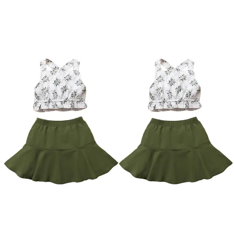 

Girls Skirt Set Summer Sleeveless Print Pleated Ruffle Top Green Splicing A-shaped Fashion Casual Two Piece Sets