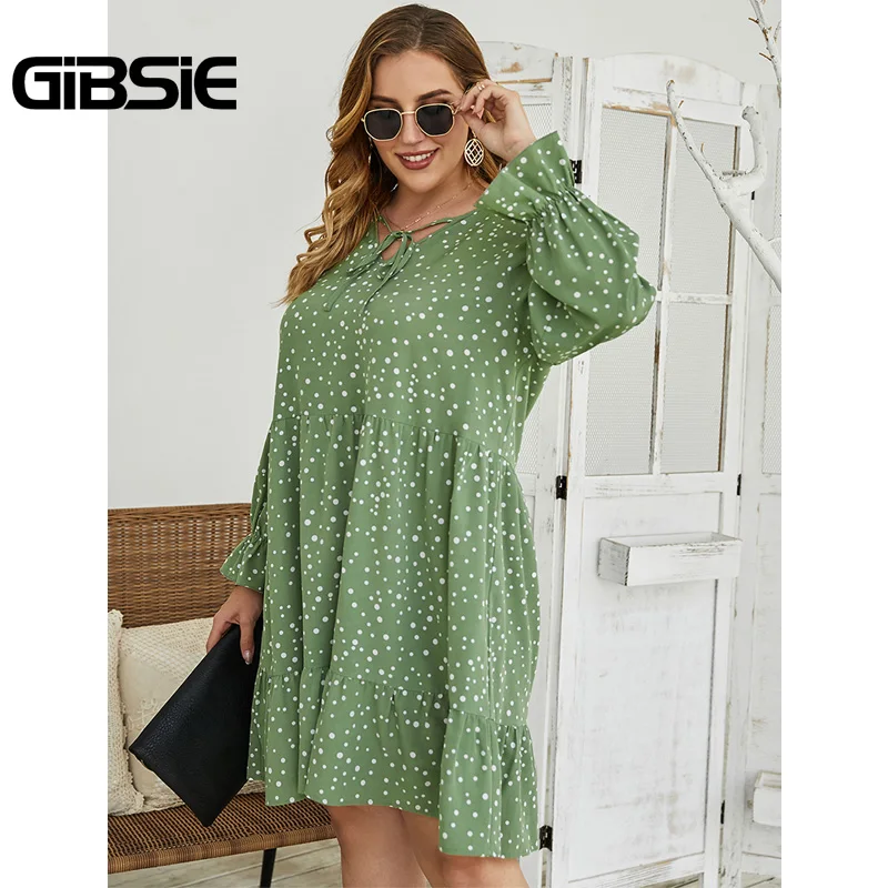 

GIBSIE Elegant Lace up Polka Dot Dress Women Autumn High Waist Ruffle Hem Dresses 4xl Plus Size Long Sleeve Ladies Mini Dress