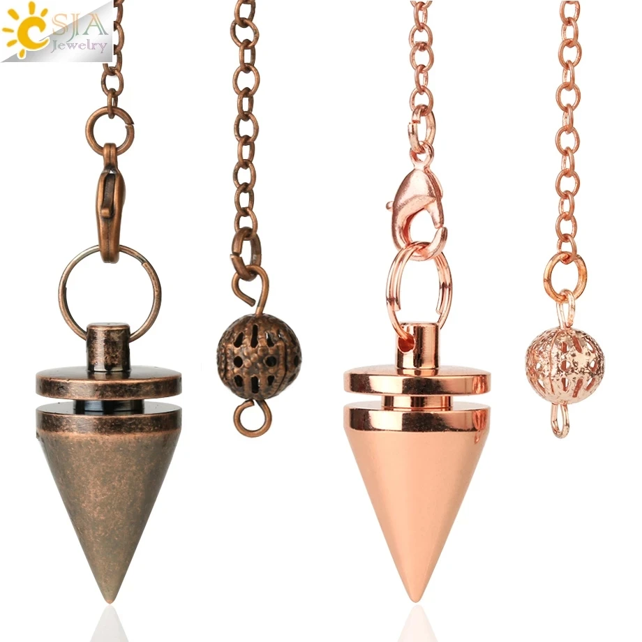 

CSJA Small Cone Metal Pendulum for Dowsing Healing Amulet Copper Chain Rose Gold Color Wicca Pendule Reiki Fashion Jewelry G597