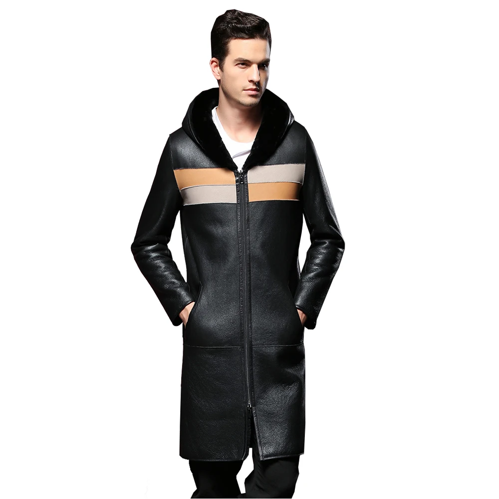 

Skin 100% Sheep Coat Both Size to Wear Genuine Shearling Male Smart Casual Jacket Autumn Winter Long Trench Men Fur Outwear
