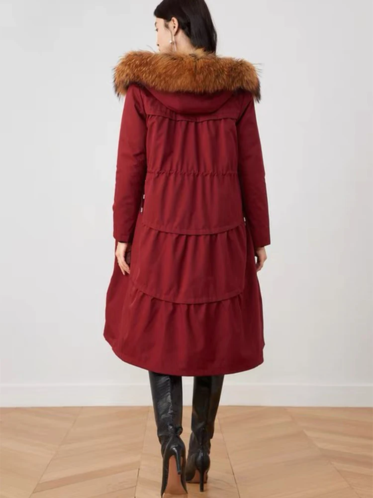 2021 Female Winter Thick Real Raccoon Fur Collar Real Rabbit Fur Lining Parka Women Fur Jacket 105cm Long Slim Warm Coat