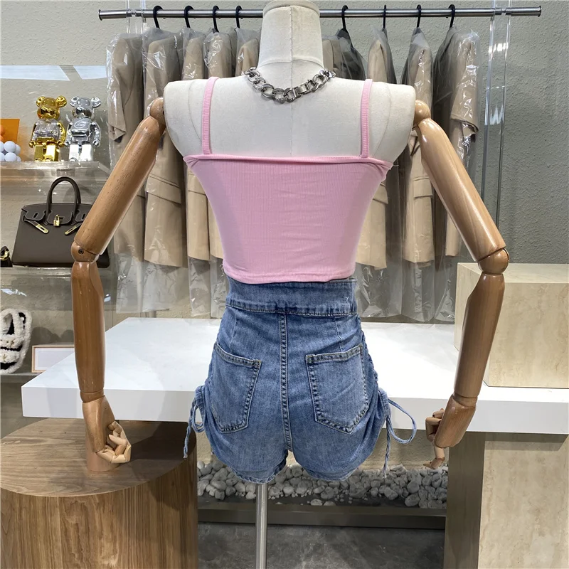

Label Side Drawstring Wide Leg Denim Shorts Women Summer High Waist Jean Shorts