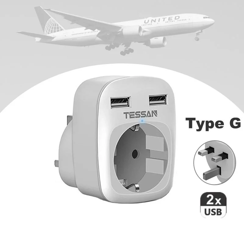 

TESSAN EU Europe to UK England Ireland Scotland Travel Plug Adapter With 1 EU Outlet and 2 USB Charging Ports( 5V 2.4A ) -Type G