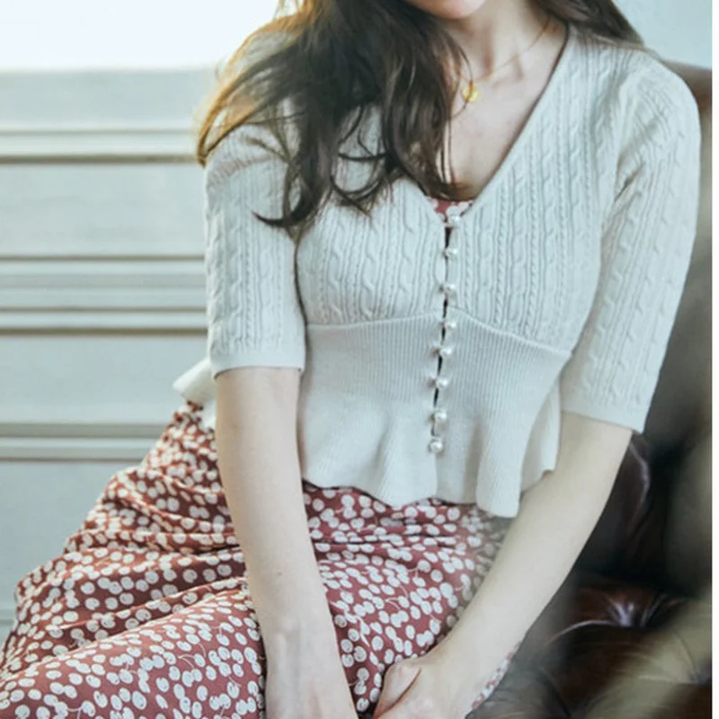 

JCHB v Neck Half Sleeve Single Breast Knit Cardigans Sweater Spring New Ruffles Slim Femme Pullovers Chic Twist Patchwork Coat