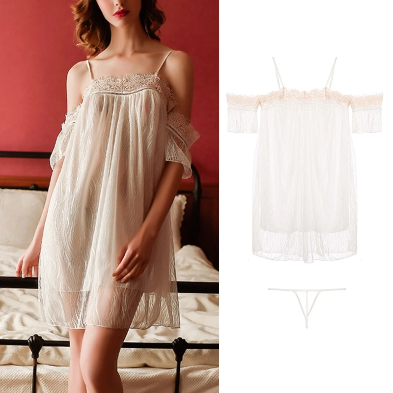 

Women Sexy Spaghetti Strap Off Shoulder Nightgown Eyelash Floral Lace Patchwork Lingerie Dress Double Layer See-Through