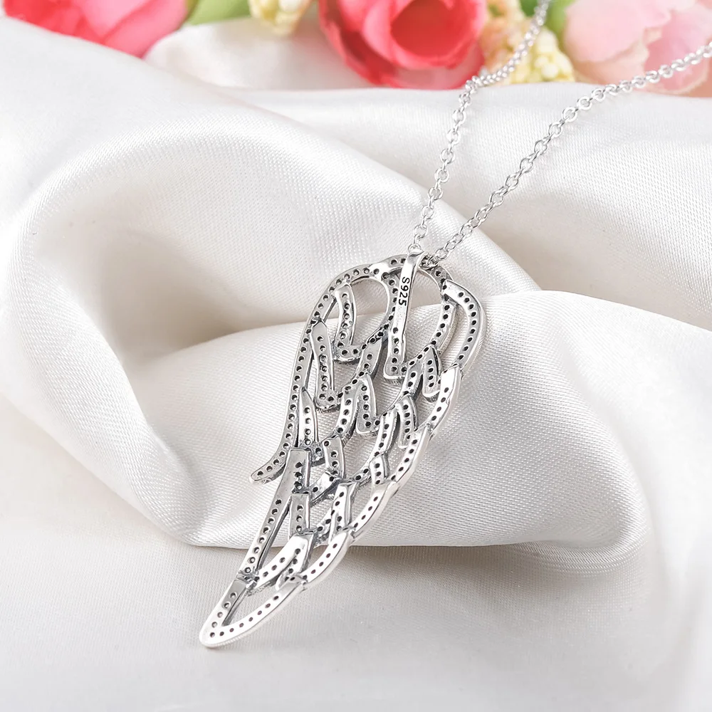 

Fit Original 925 Sterling Silver Angel Wing Feather Zircon Crystal Pendant Necklaces Fashion For Women Bead Charm Gift Jewelry