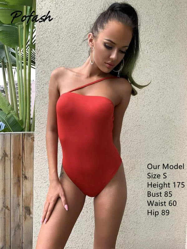 POFASH 2020 Summer Strapless Solid Sheath Bodypsuit Sleeveless Single shoulder strap Night Club Short women | Женская одежда