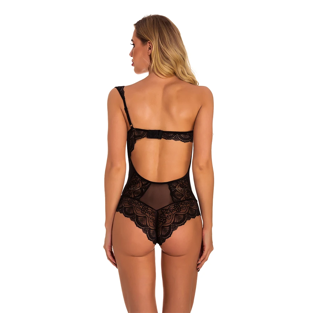 

2020 Women Sexy Solid Color Bodysuit Lace Hem One-shoulder Sleeveless Backless See-through One-piece Bodysuits
