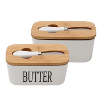 nordic style butter box with knife set ceramic cheese butter storage plate with bamboo lid food container for kitchen